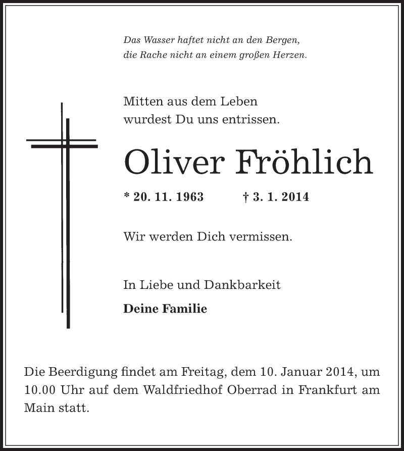  Traueranzeige für Oliver Fröhlich vom 08.01.2014 aus Offenbach