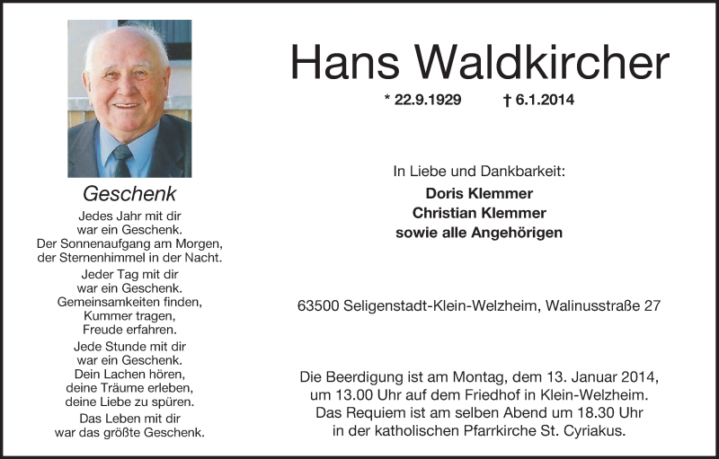  Traueranzeige für Hans Waldkircher vom 08.01.2014 aus Offenbach