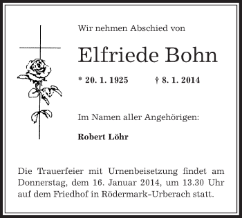 Traueranzeige von Elfriede Bohn von Offenbach