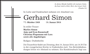 Traueranzeige von Gerhard Simon von Offenbach