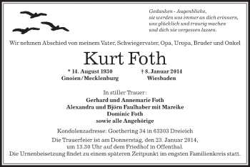 Traueranzeige von Kurt Foth von Offenbach