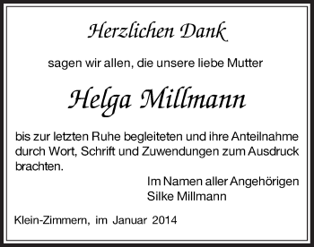 Traueranzeige von Helga Millmann von Offenbach