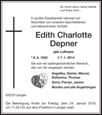 Traueranzeige von Edith Charlotte Depner von Offenbach