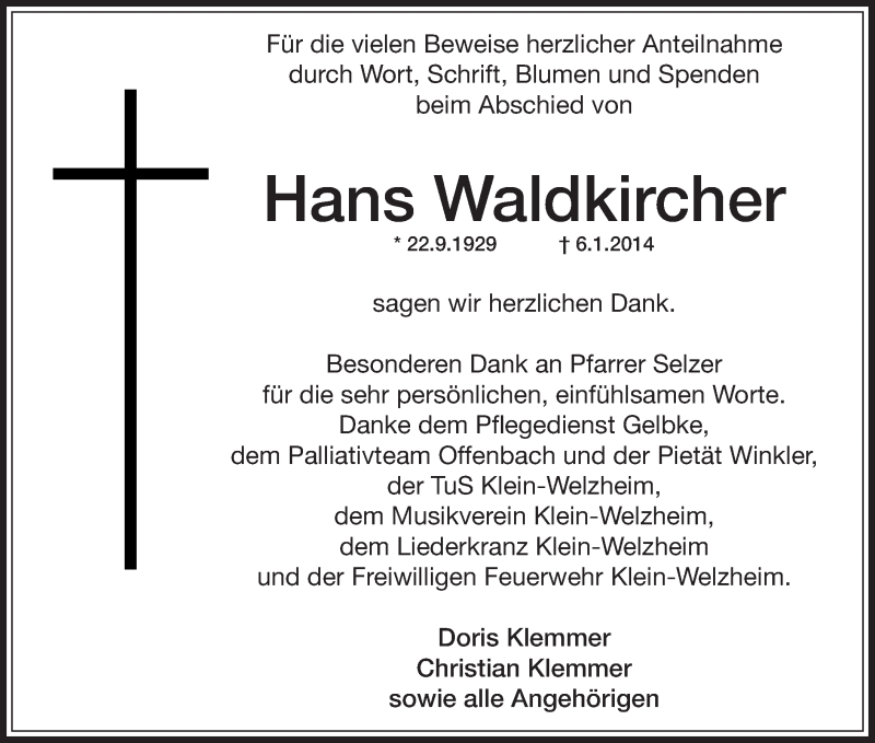  Traueranzeige für Hans Waldkircher vom 22.01.2014 aus Offenbach