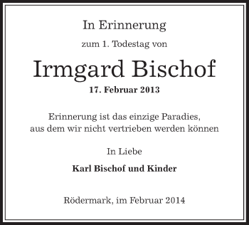 Traueranzeige von Irmgard Bischof von Offenbach