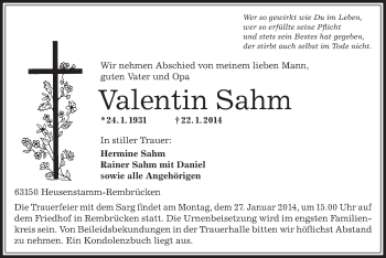 Traueranzeige von Valentin Sahm von Offenbach