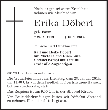 Traueranzeige von Erika Döbert von Offenbach