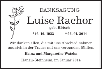 Traueranzeige von Luise Rachor von Offenbach