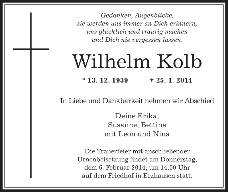  Traueranzeige für Wilhelm Kolb vom 31.01.2014 aus Offenbach