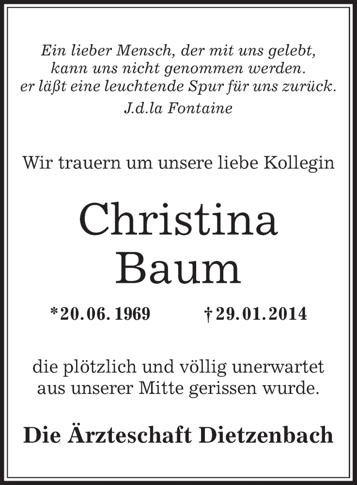  Traueranzeige für Christina Baum vom 01.02.2014 aus Offenbach