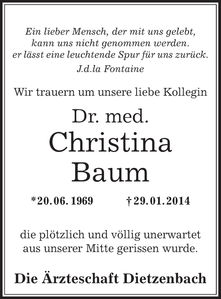  Traueranzeige für Christina Baum vom 06.02.2014 aus Offenbach