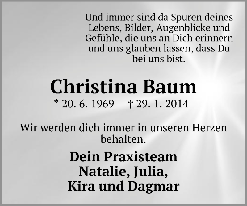  Traueranzeige für Christina Baum vom 06.02.2014 aus Offenbach