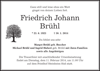 Traueranzeige von Friedrich Johann Brühl von Offenbach