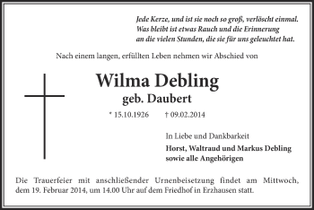 Traueranzeige von Wilma Debling von Offenbach