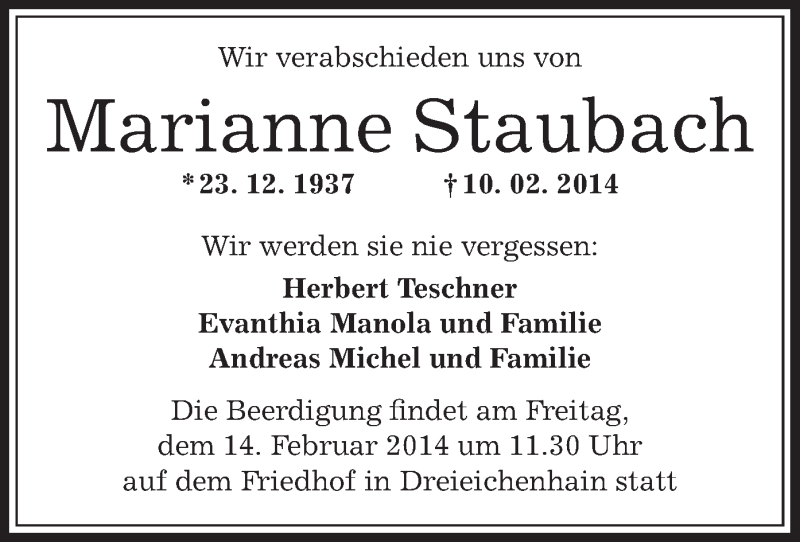  Traueranzeige für Marianne Staubach vom 13.02.2014 aus Offenbach