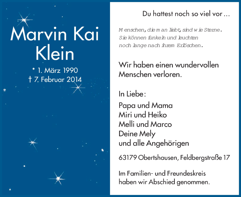  Traueranzeige für Marvin Kai Klein vom 15.02.2014 aus Offenbach