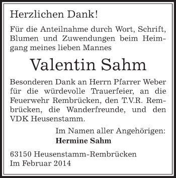 Traueranzeige von Valentin Sahm von Offenbach