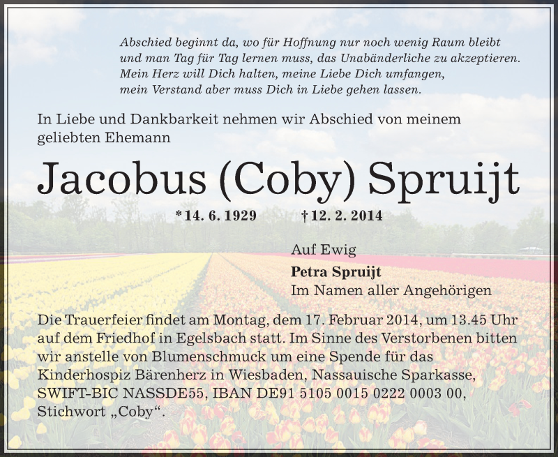  Traueranzeige für Jacobus Coby Spruijt vom 15.02.2014 aus Offenbach