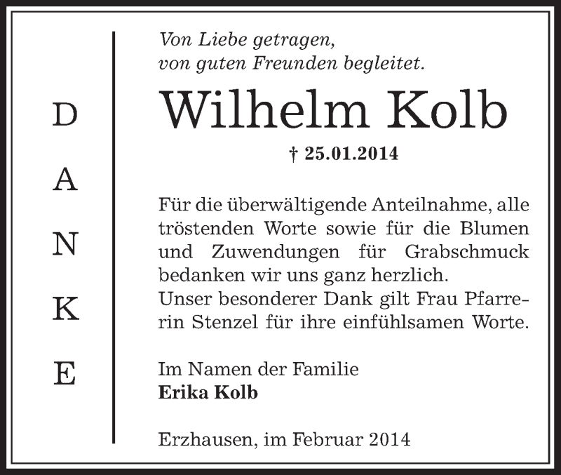  Traueranzeige für Wilhelm Kolb vom 14.02.2014 aus Offenbach