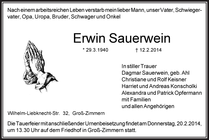  Traueranzeige für Erwin Sauerwein vom 15.02.2014 aus Offenbach