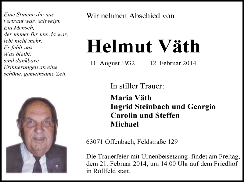  Traueranzeige für Helmut Väth vom 15.02.2014 aus Offenbach