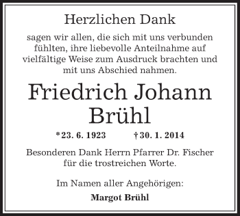 Traueranzeige von Friedrich Johann Brühl von Offenbach