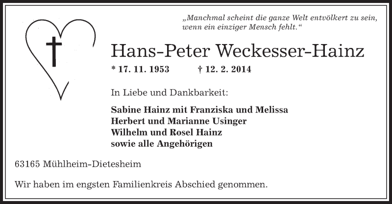  Traueranzeige für Hans-Peter Weckesser-Hainz vom 22.02.2014 aus Offenbach