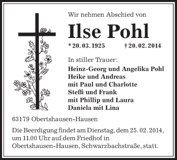 Traueranzeige von Ilse Pohl von Offenbach