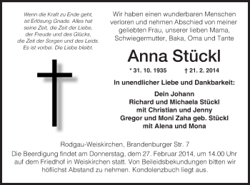 Traueranzeige von Anna Stückl von Offenbach