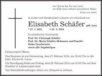 Traueranzeige von Elisabeth Schäfer von Offenbach