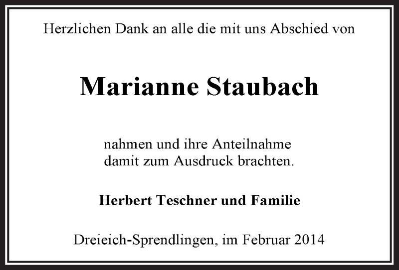  Traueranzeige für Marianne Staubach vom 27.02.2014 aus Offenbach