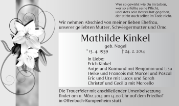 Traueranzeige von Mathilde Kinkel von Offenbach