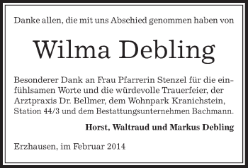 Traueranzeige von Wilma Debling von Offenbach