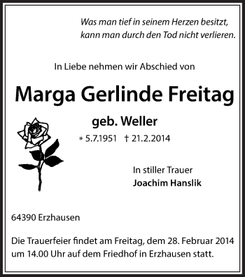 Traueranzeige von Marga Gerlinde Freitag von Offenbach