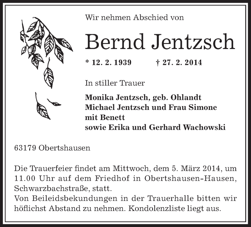  Traueranzeige für Bernd Jentzsch vom 01.03.2014 aus Offenbach