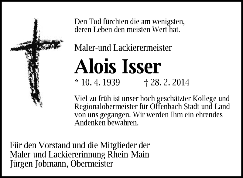  Traueranzeige für Alois Isser vom 03.03.2014 aus Offenbach