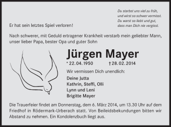 Traueranzeige von Jürgen Mayer von Offenbach