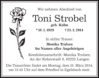 Traueranzeige von Toni Strobel von Offenbach