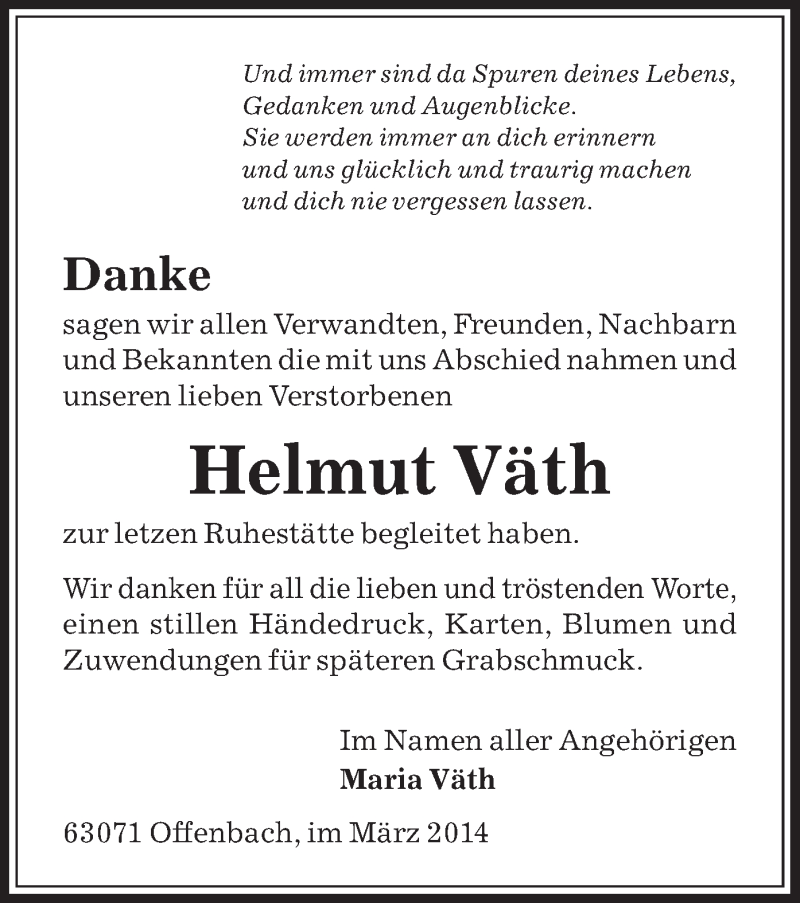  Traueranzeige für Helmut Väth vom 08.03.2014 aus Offenbach