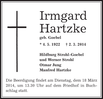 Traueranzeige von Irmgard Hartzke von Offenbach