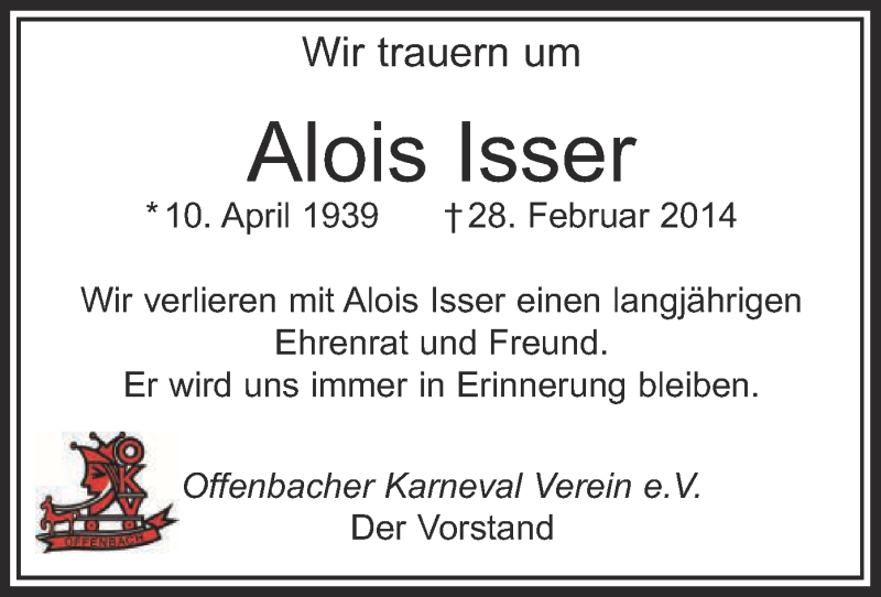  Traueranzeige für Alois Isser vom 08.03.2014 aus Offenbach