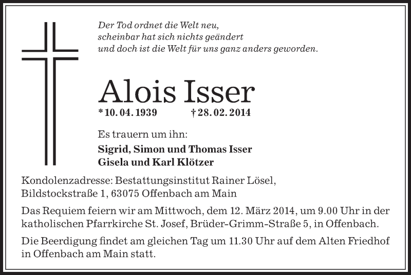  Traueranzeige für Alois Isser vom 08.03.2014 aus Offenbach