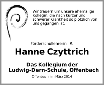 Traueranzeige von Hanne Czyttrich von Offenbach