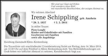 Traueranzeige von Irene Schippling von Offenbach