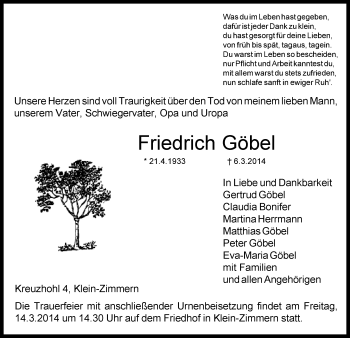 Traueranzeige von Friedrich Göbel von Offenbach