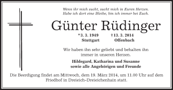 Traueranzeige von Günter Rüdinger von Offenbach