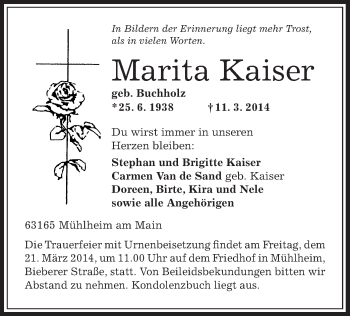 Traueranzeige von Marita Kaiser von Offenbach