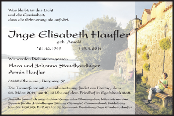 Traueranzeige von Inge Elisabeth Haufler von Offenbach