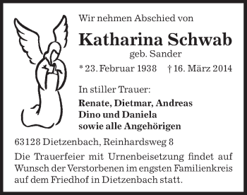 Traueranzeige von Katharina Schwab von Offenbach