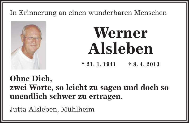  Traueranzeige für Werner Alsleben vom 10.04.2014 aus Offenbach